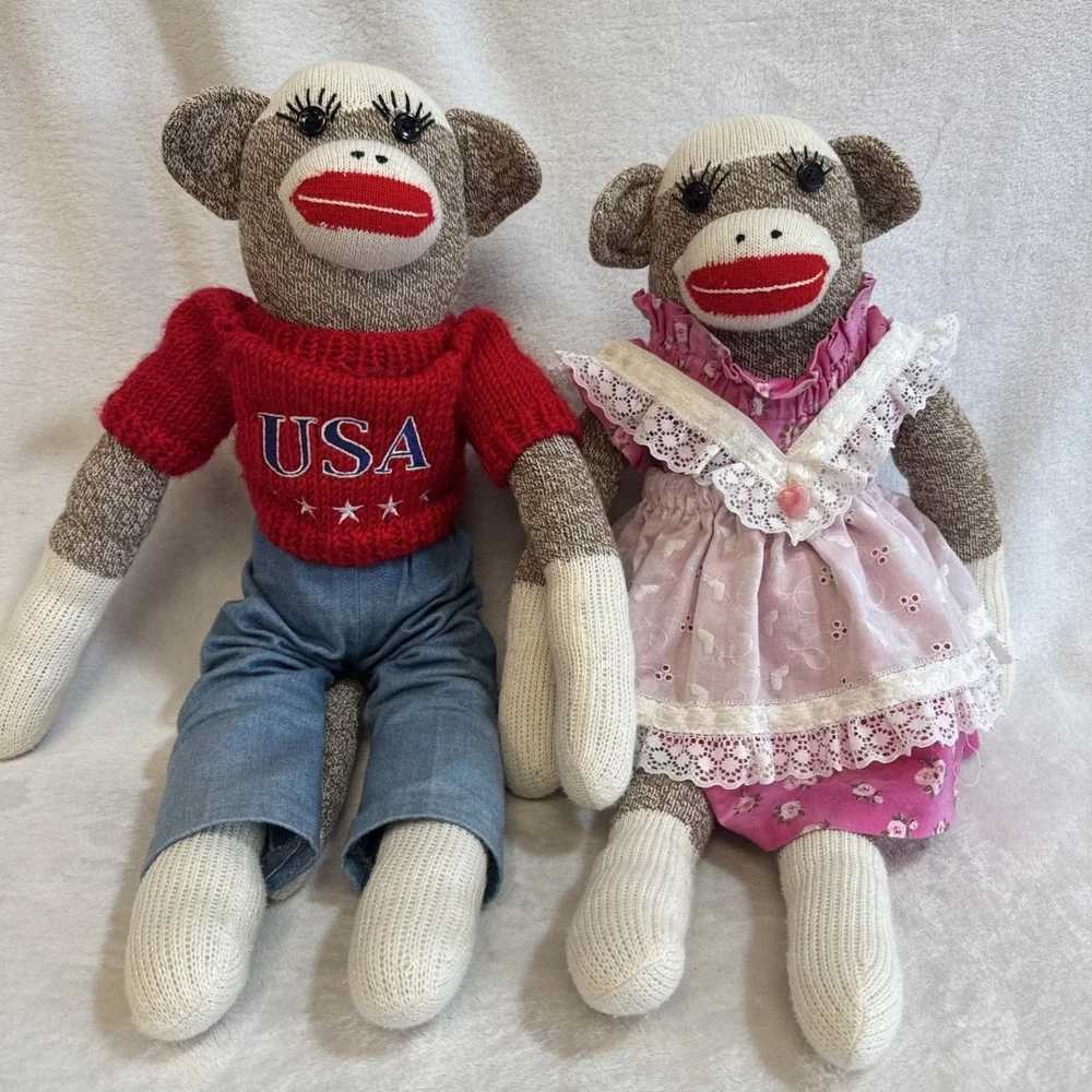 Pair of Handmade Patriotic Sock Monkeys USA Red Sweater Girl‎ Pink Dress Toys